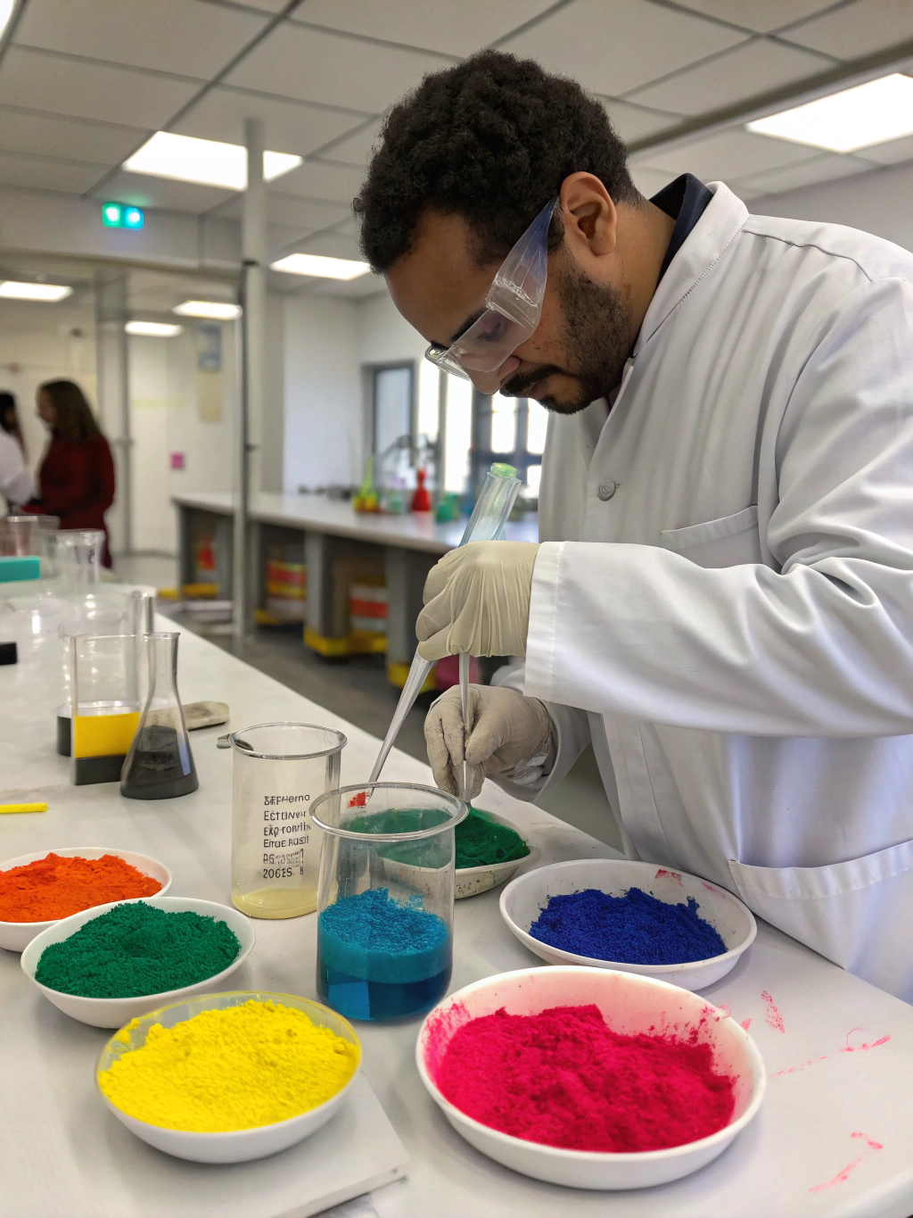 Laboratory technician matching fabric color to Pantone swatch