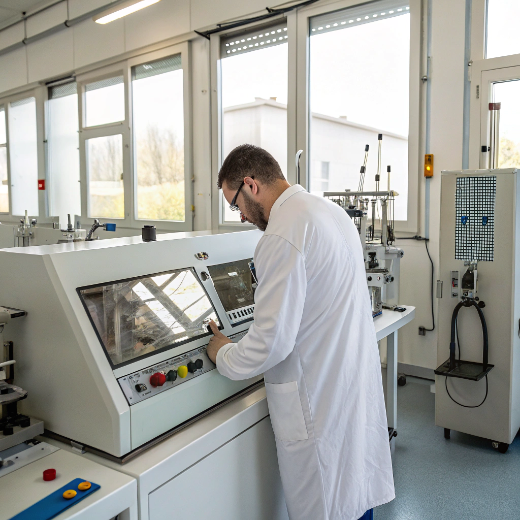 Laboratory technician inspecting fabric weave density and color consistency