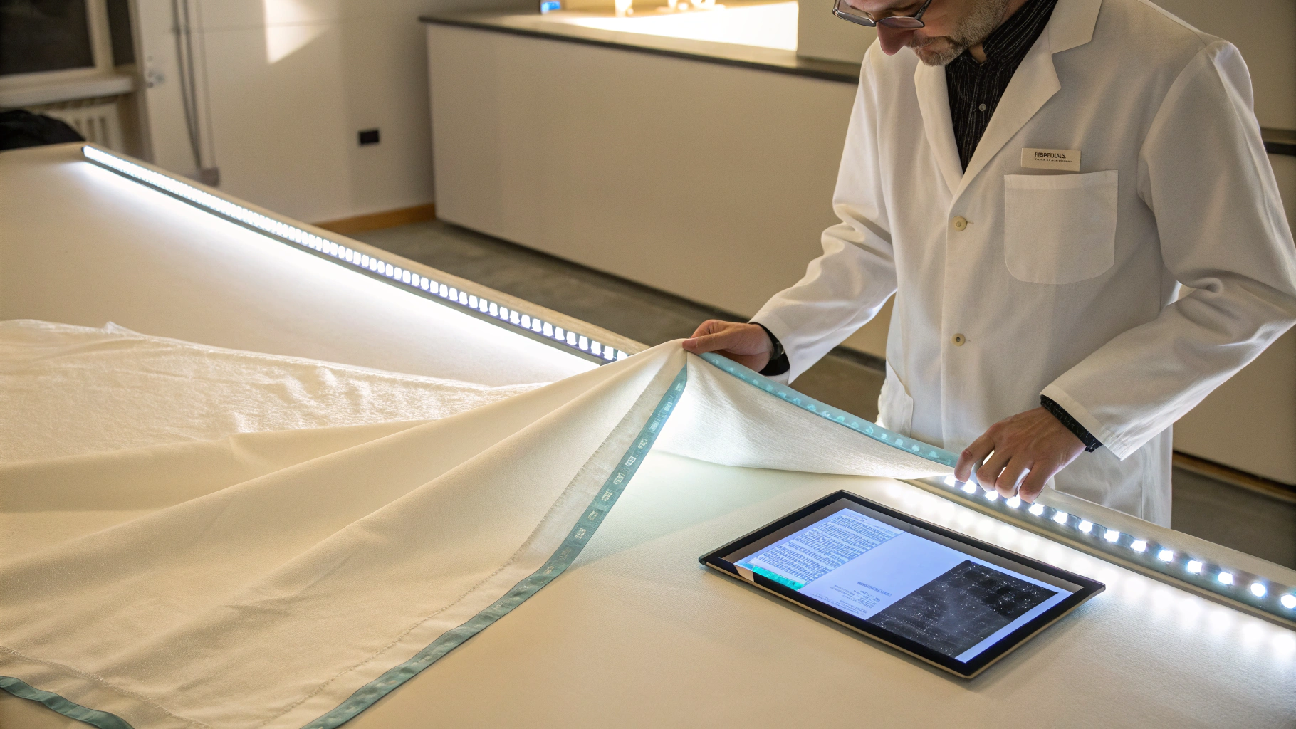 Laboratory technician inspecting polyester fabric weave density and color consistency