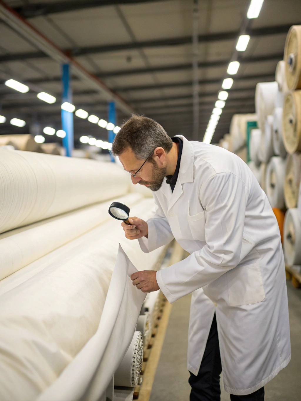 Inspection of finished polyester fabric rolls