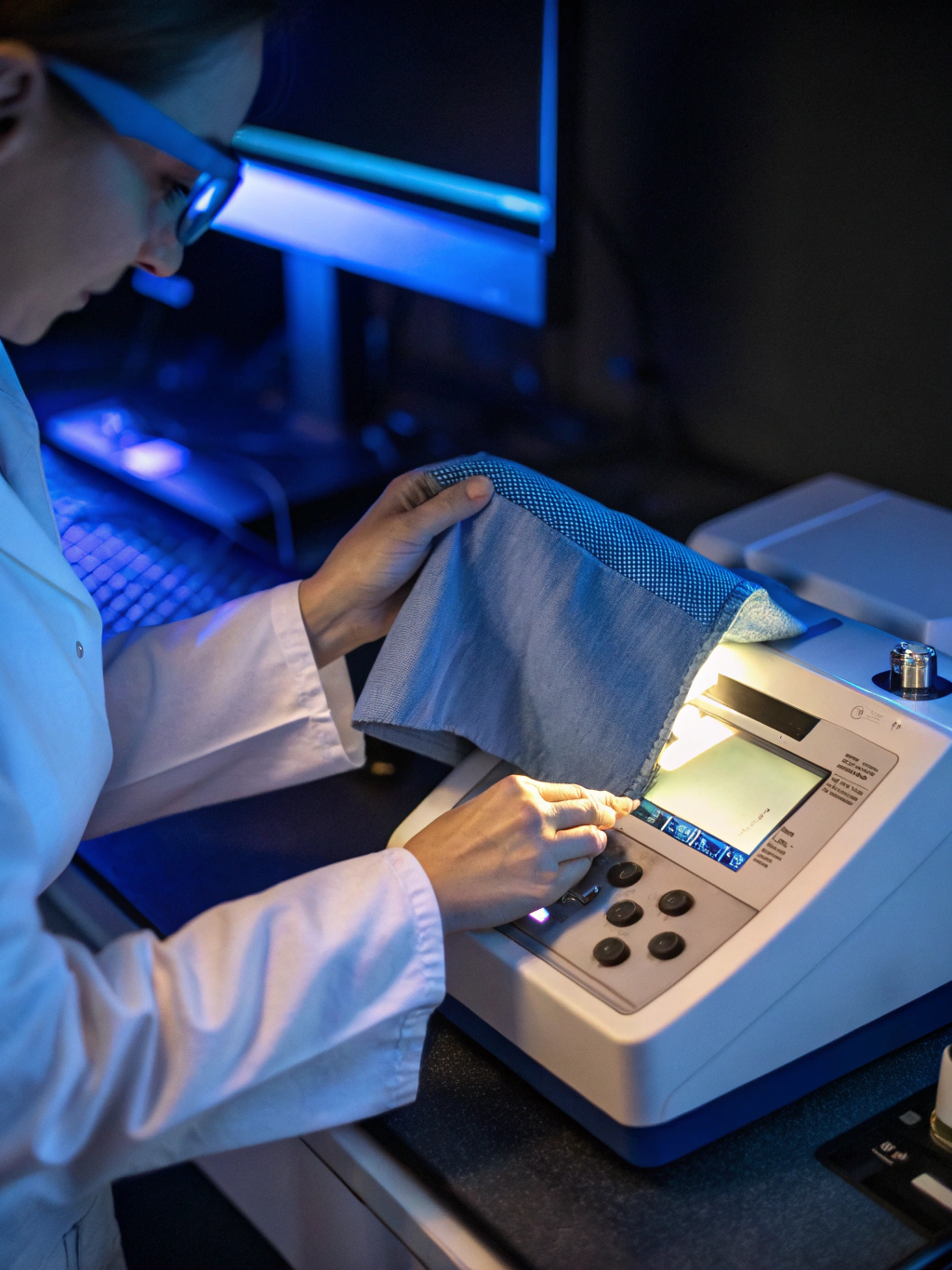Laboratory technician matching fabric color to Pantone standards