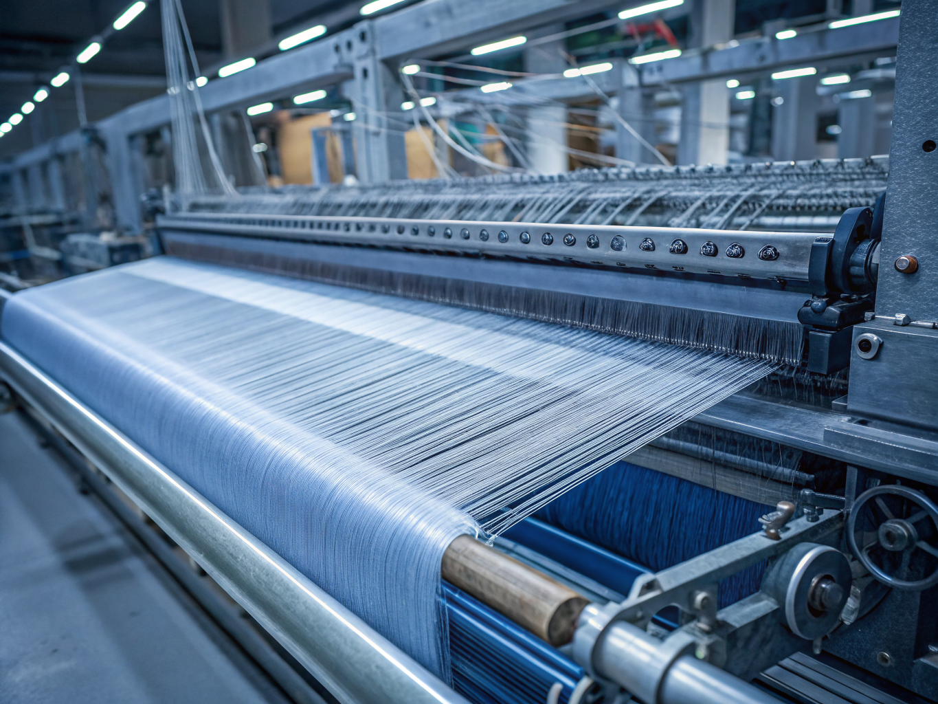 Close up of polyester fabric weaving on industrial loom